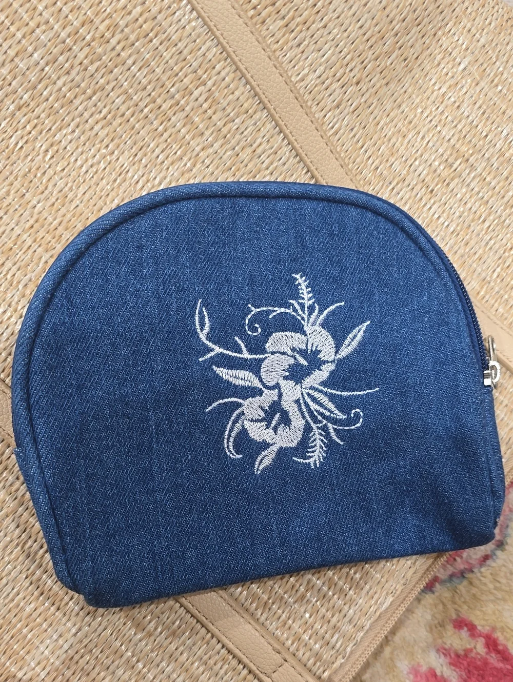Blue Floral Embroidered Cosmetic Pouch